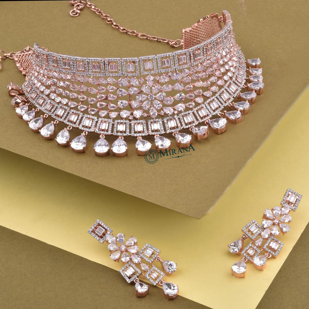 CZ Broad Bridal Choker With Light Earrings