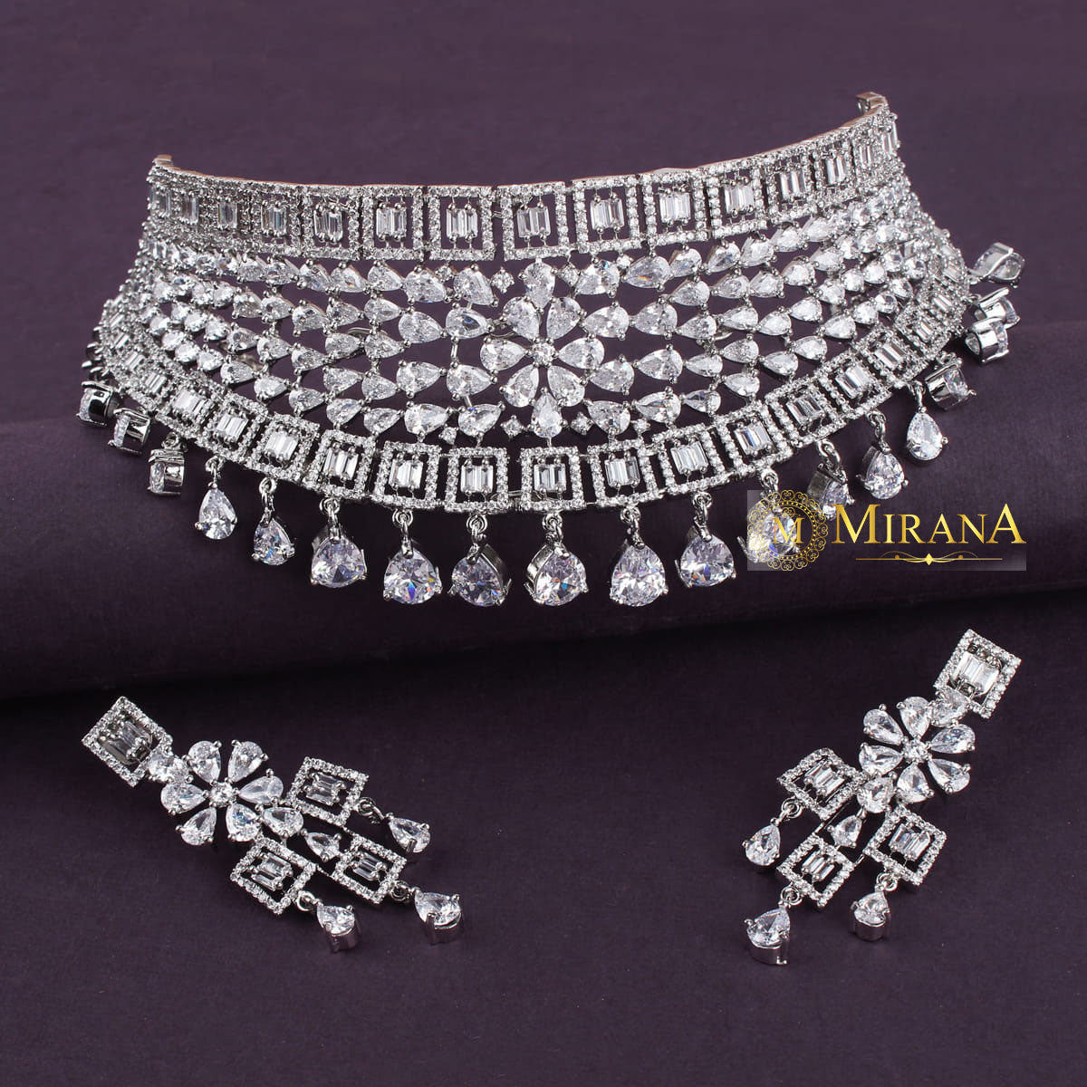 CZ Broad Bridal Choker With Light Earrings