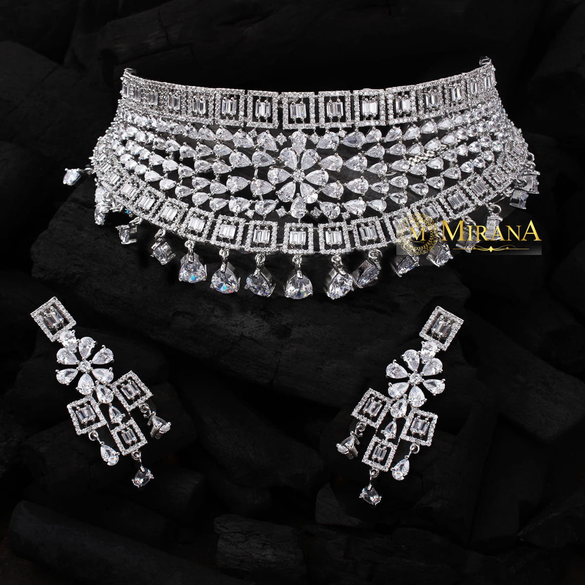 CZ Broad Bridal Choker With Light Earrings