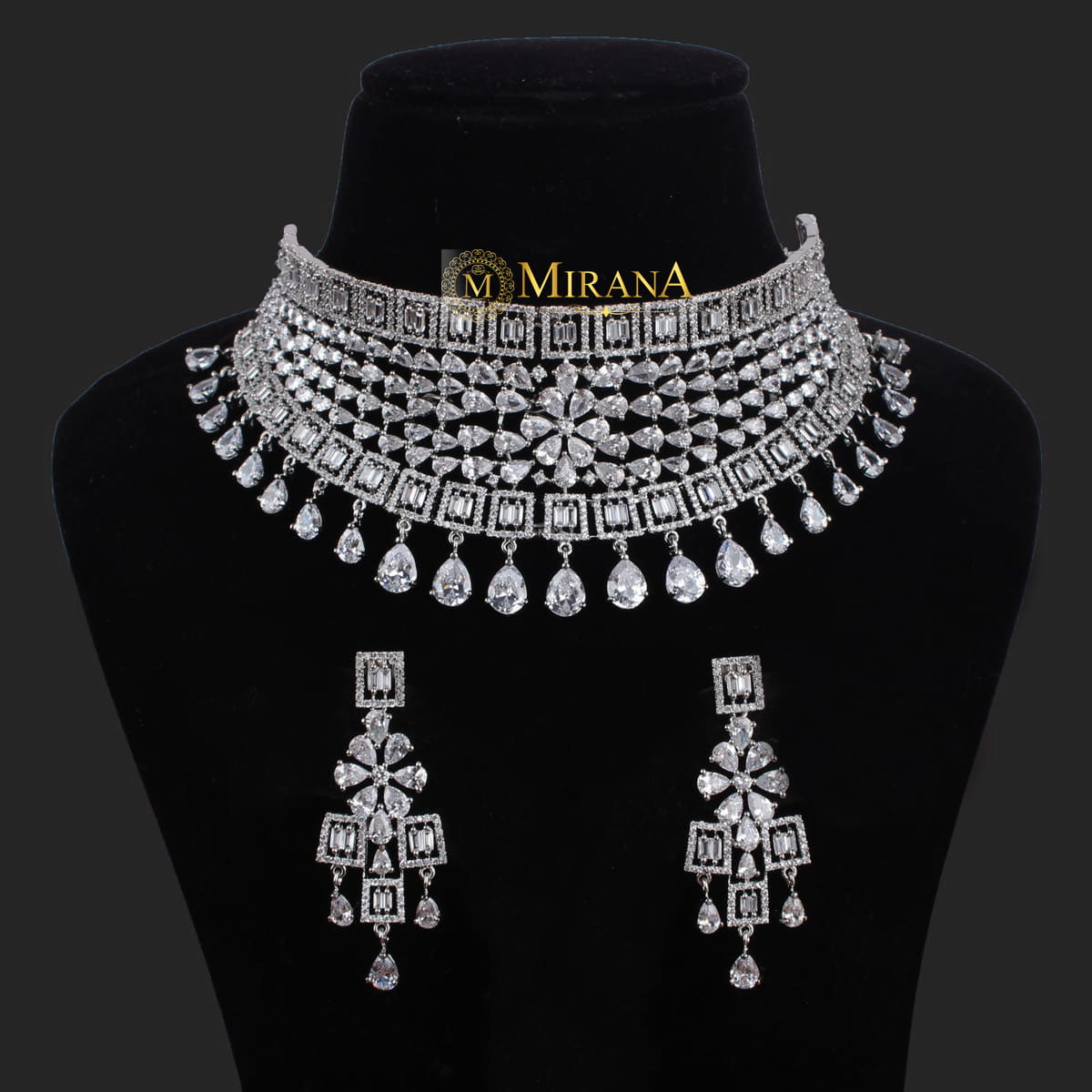 CZ Broad Bridal Choker With Light Earrings