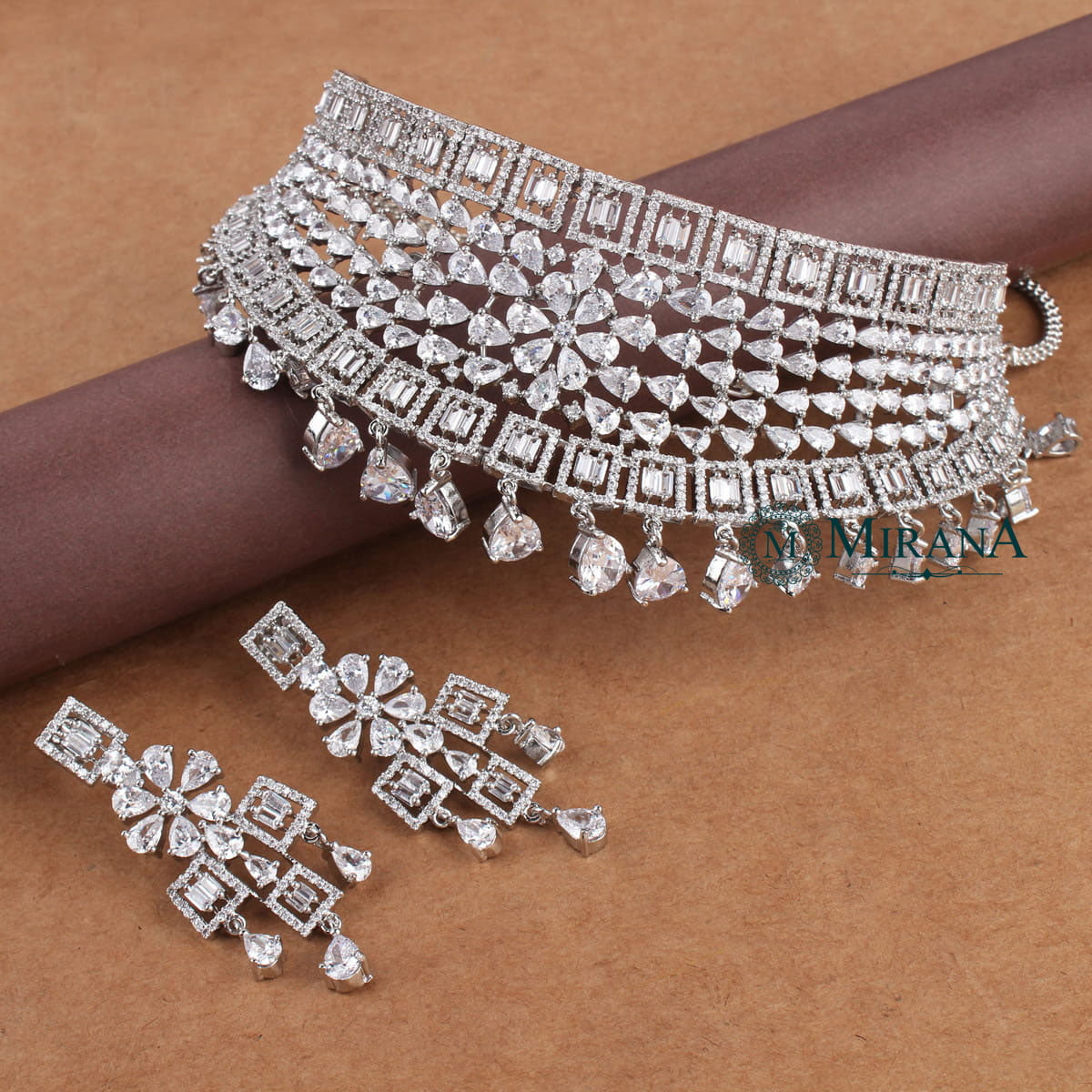 CZ Broad Bridal Choker With Light Earrings