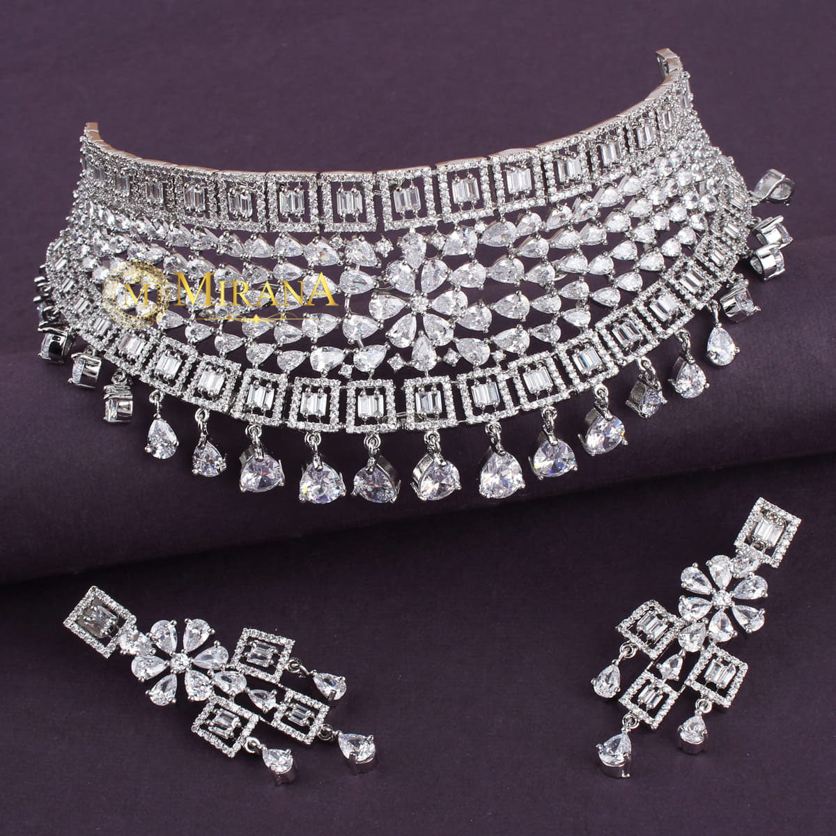 CZ Broad Bridal Choker With Light Earrings