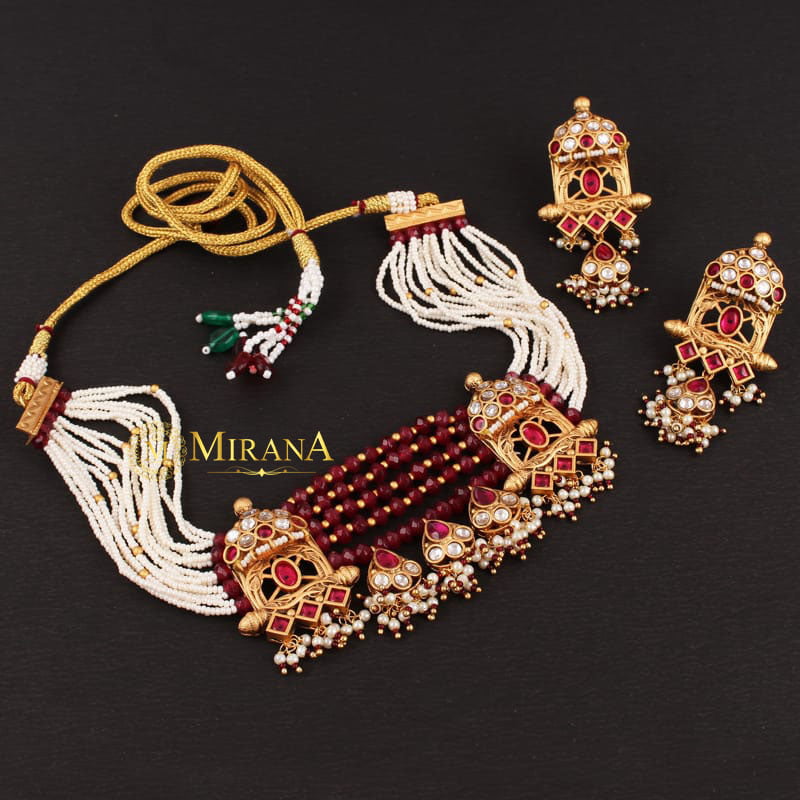 Mohna Traditional Antique Red Colored Choker Set