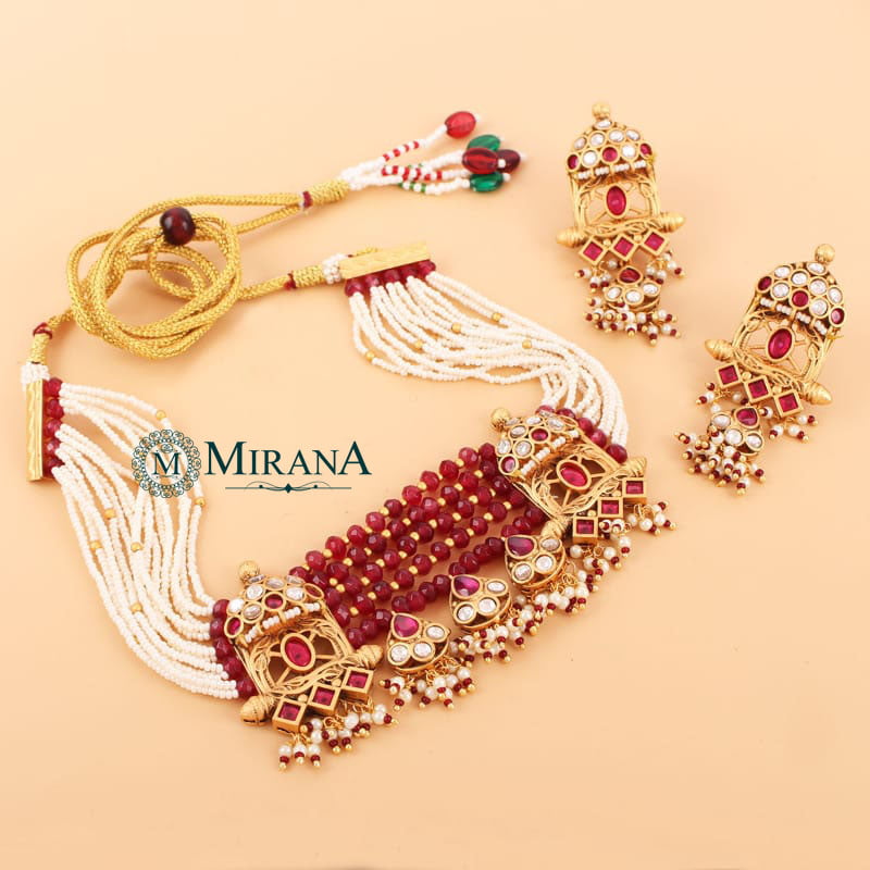 Mohna Traditional Antique Red Colored Choker Set