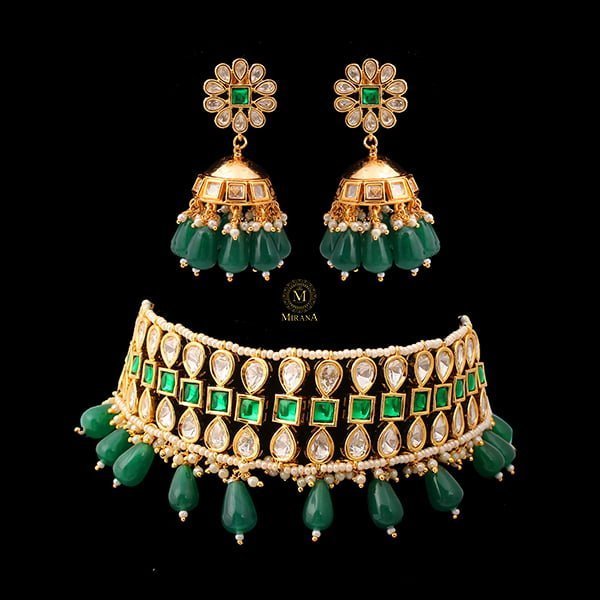 Tashvi Emerald Green Polki Choker Set