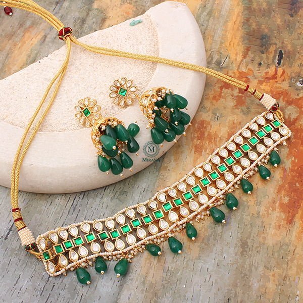 Tashvi Emerald Green Polki Choker Set