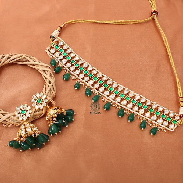 Tashvi Emerald Green Polki Choker Set