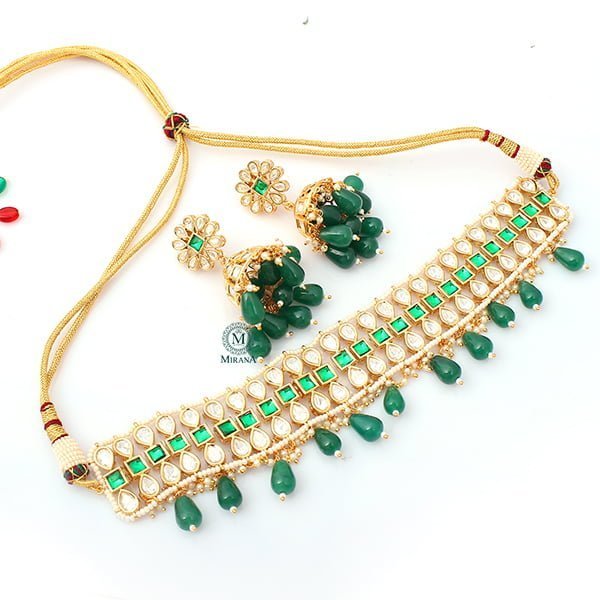 Tashvi Emerald Green Polki Choker Set