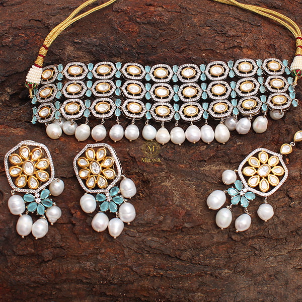 Mrinal Pastel Blue Polki Choker Set