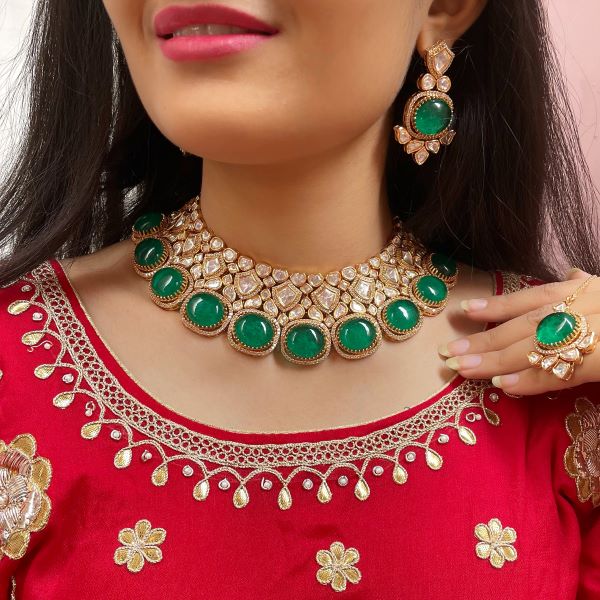 Jasmir Emerald Green Polki Bridal Choker Set