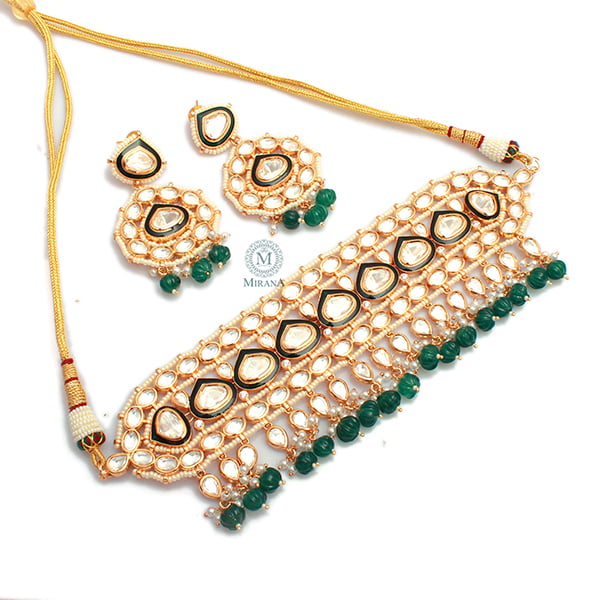 Sharvi Emerald Green Uncut Polki Choker Set