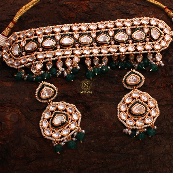 Sharvi Emerald Green Uncut Polki Choker Set