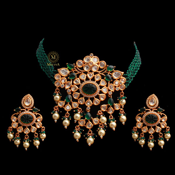 Shriya Emerald Green Polki Designer Choker Set