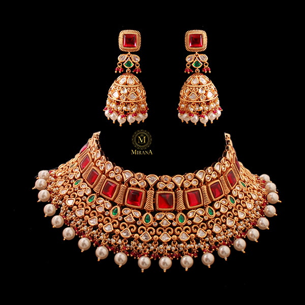 Madushri Ruby Green Polki Choker Set