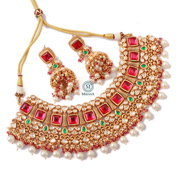 Madushri Ruby Green Polki Choker Set