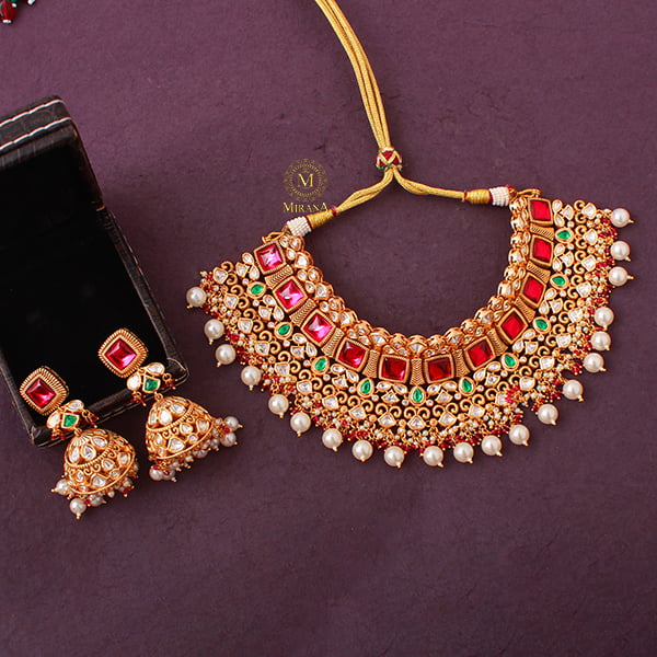 Madushri Ruby Green Polki Choker Set