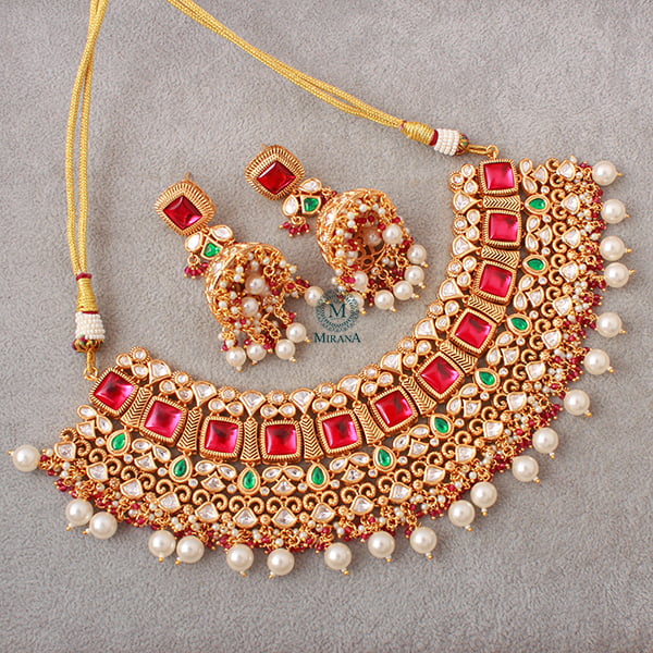 Madushri Ruby Green Polki Choker Set