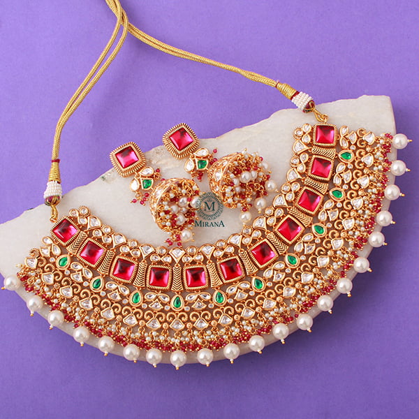 Madushri Ruby Green Polki Choker Set