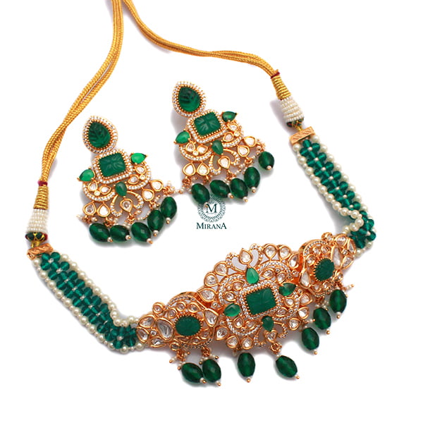 Mahira Emerald Green Polki Choker Set