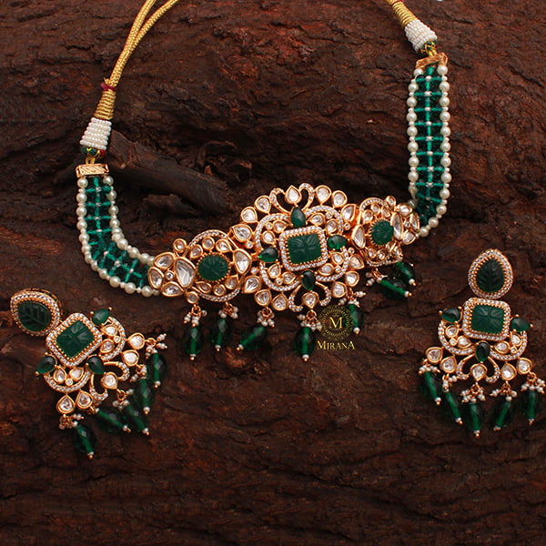 Mahira Emerald Green Polki Choker Set