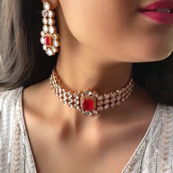 Amosha Ruby Polki Designer Choker Set