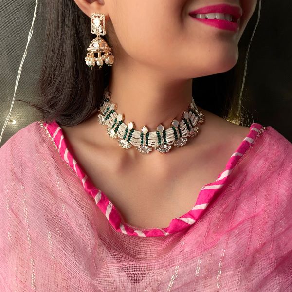 Sandhya Emerald Green MOP Polki Choker Set