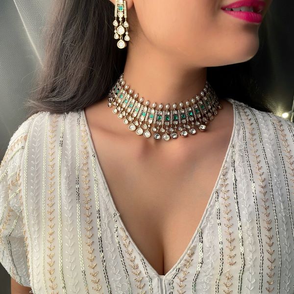 Shravya Green Polki Designer Choker Set