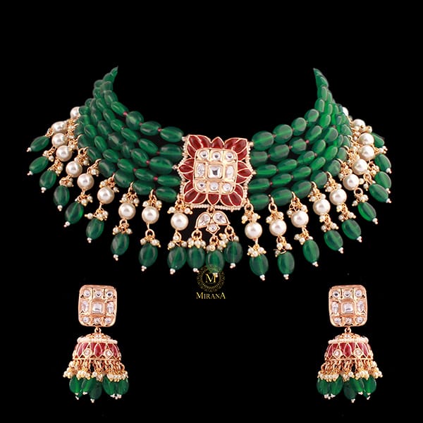 Sonakshi Pearl Layered Polki Designer Choker Set