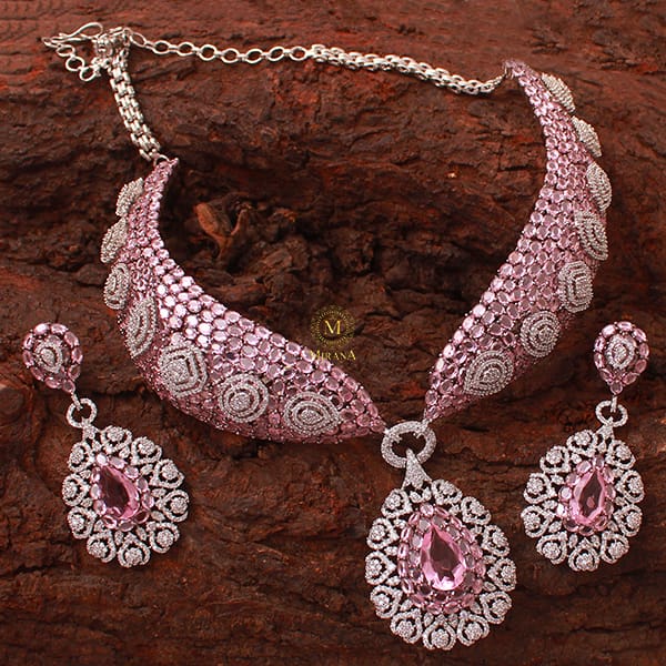 Cindrella Pink Diamond Polki CZ Designer Choker Set