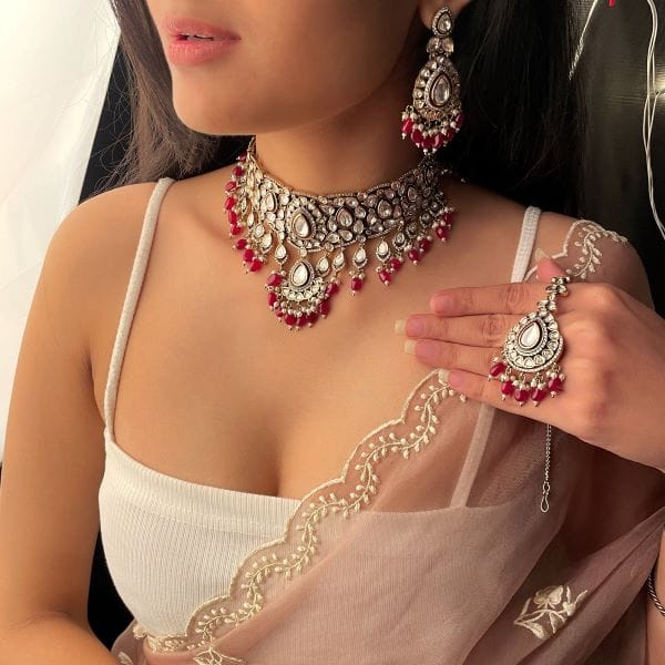 Mohita Ruby Pearl Polki Designer Choker Set