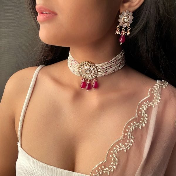 Nishi Ruby Polki MOP Designer Choker Set