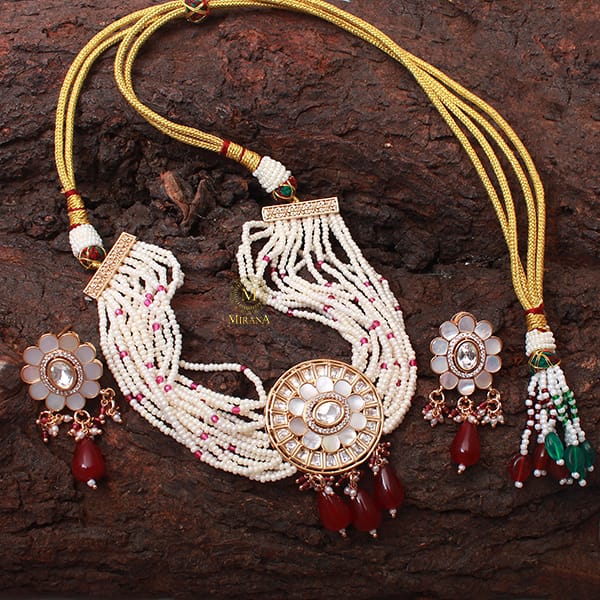 Nishi Ruby Polki MOP Designer Choker Set