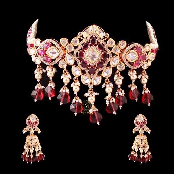 Chahak Ruby Pearl Polki Designer Choker Set