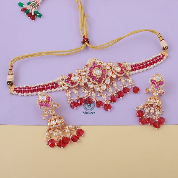 Chahak Ruby Pearl Polki Designer Choker Set