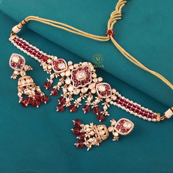 Chahak Ruby Pearl Polki Designer Choker Set