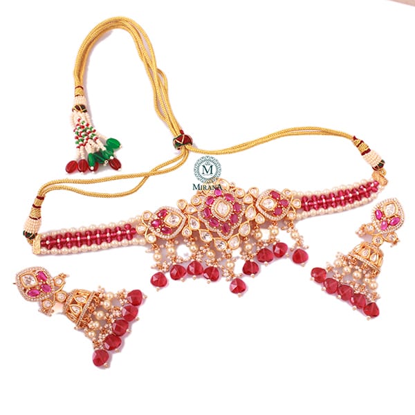 Chahak Ruby Pearl Polki Designer Choker Set