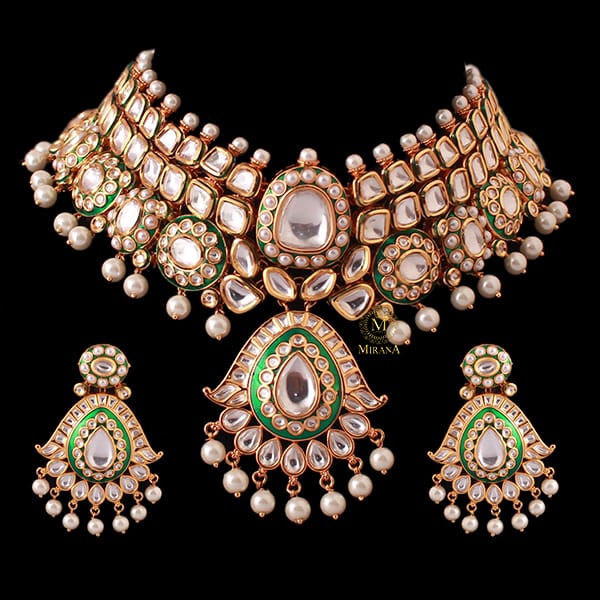 Aanandi Emerald Green Polki Designer Choker Set