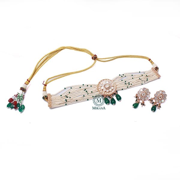 Nishi Emerald Green Polki MOP Choker Set