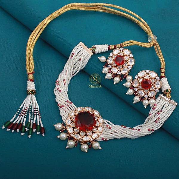 Simmi Ruby Pearl Polki Designer Choker Set