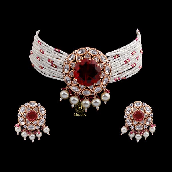 Simmi Ruby Pearl Polki Designer Choker Set