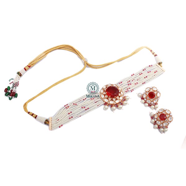 Simmi Ruby Pearl Polki Designer Choker Set