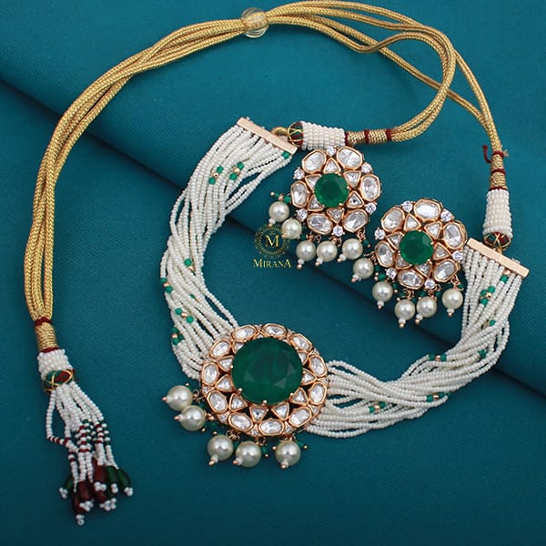 Simmi Emerald Green Polki Designer Choker Set