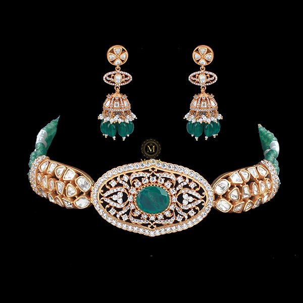 Chirmi Emerald Green Moissanite Designer Choker Set