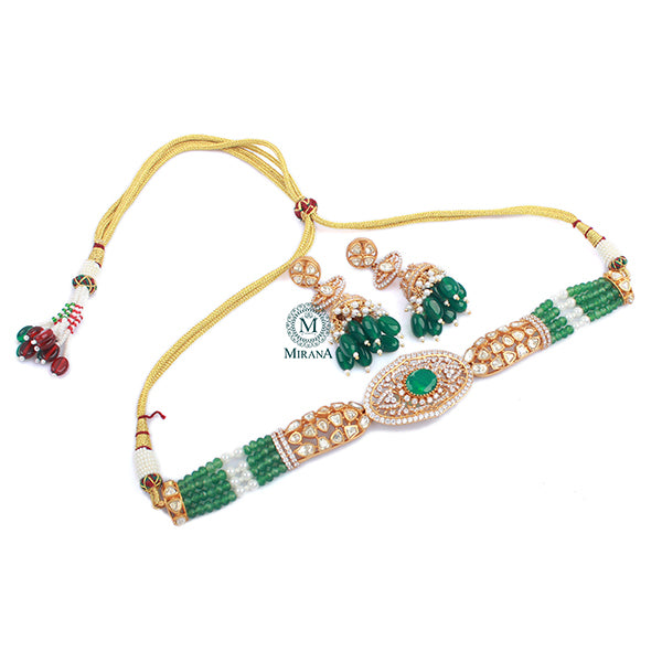 Chirmi Emerald Green Moissanite Designer Choker Set