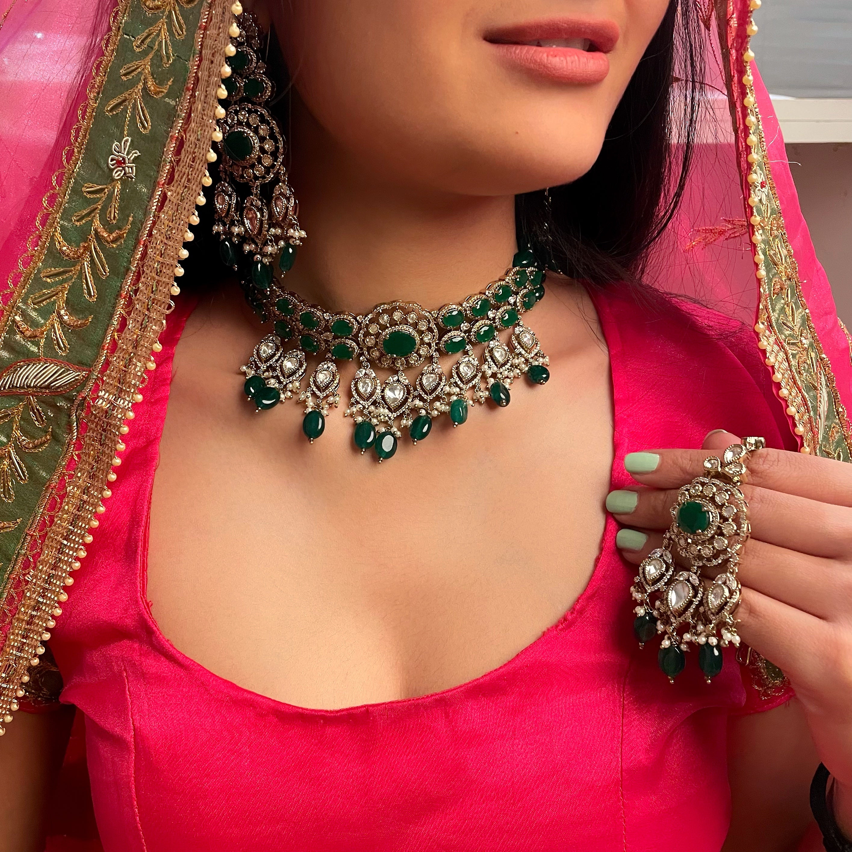 Vedika Emerald Green Polki Designer Choker Set