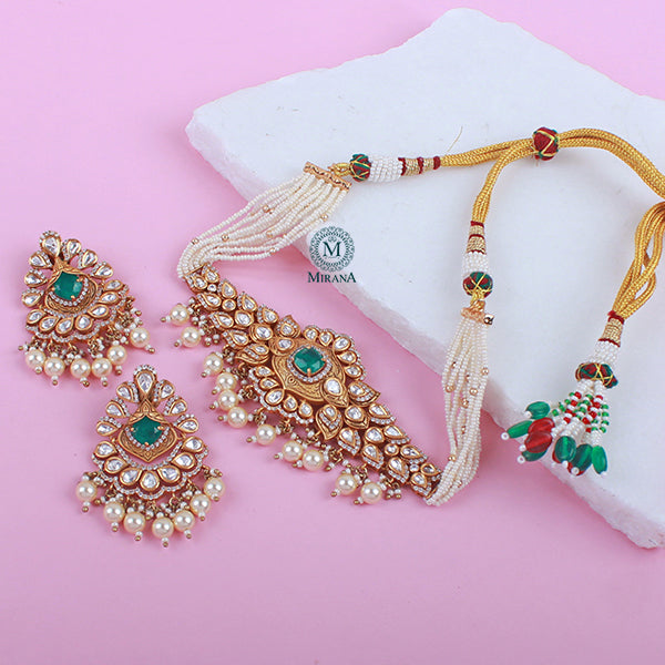 Menka Green Pearl Polki Designer Choker Set