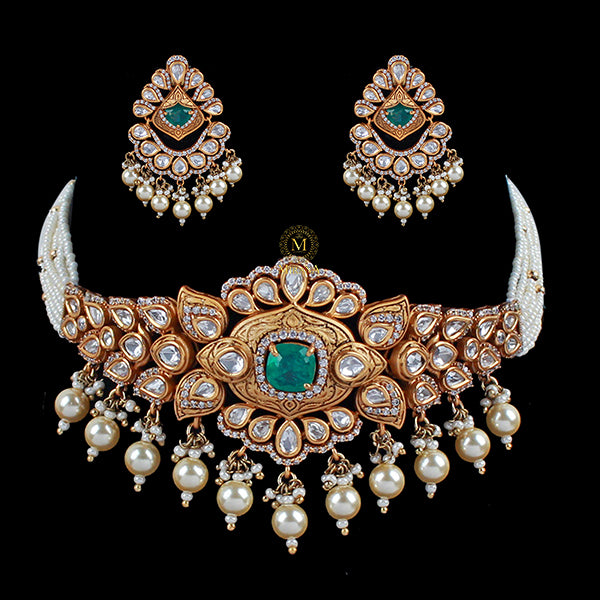 Menka Green Pearl Polki Designer Choker Set