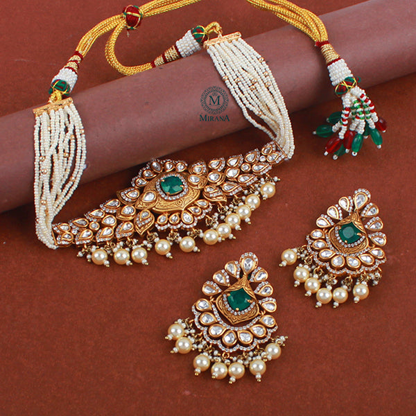 Menka Green Pearl Polki Designer Choker Set
