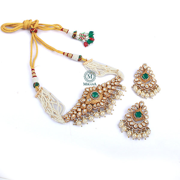 Menka Green Pearl Polki Designer Choker Set