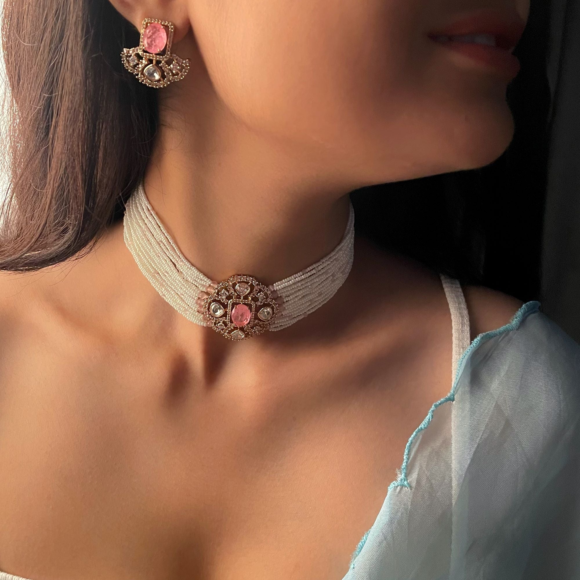 Reesha Pastel Pink Polki Choker Set